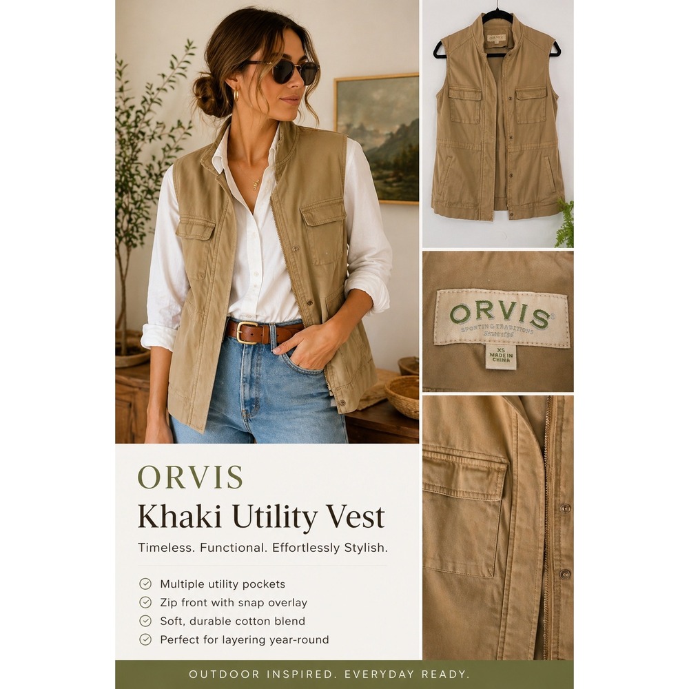 Orvis Khaki Utility Vest XS Safari Cargo Pockets Zip Cotton Blend Outdoor Preppy